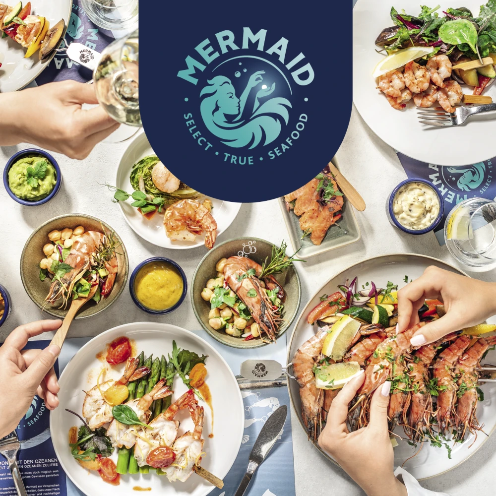 Mermaid Logo Logo der Marke Mermermaid: Eine Meerjungfrau sucht die Schätze des Meeres